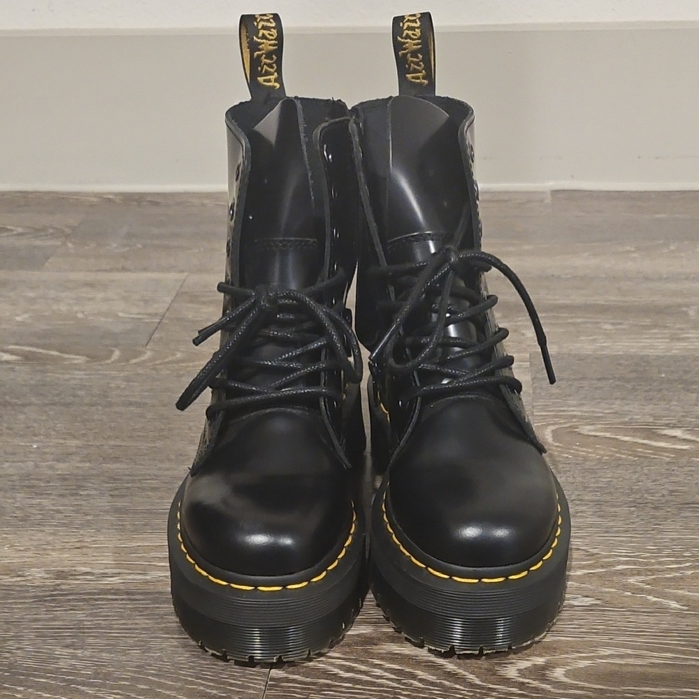 Dr. Marten's Jadon- Black Platform Lace-Up Boots with Yellow Stitching